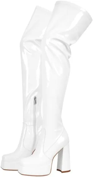 onlymaker Thigh High Platform Boots Chunky Heeled Square Toe side Zip up Stretchy over the Knee Boots