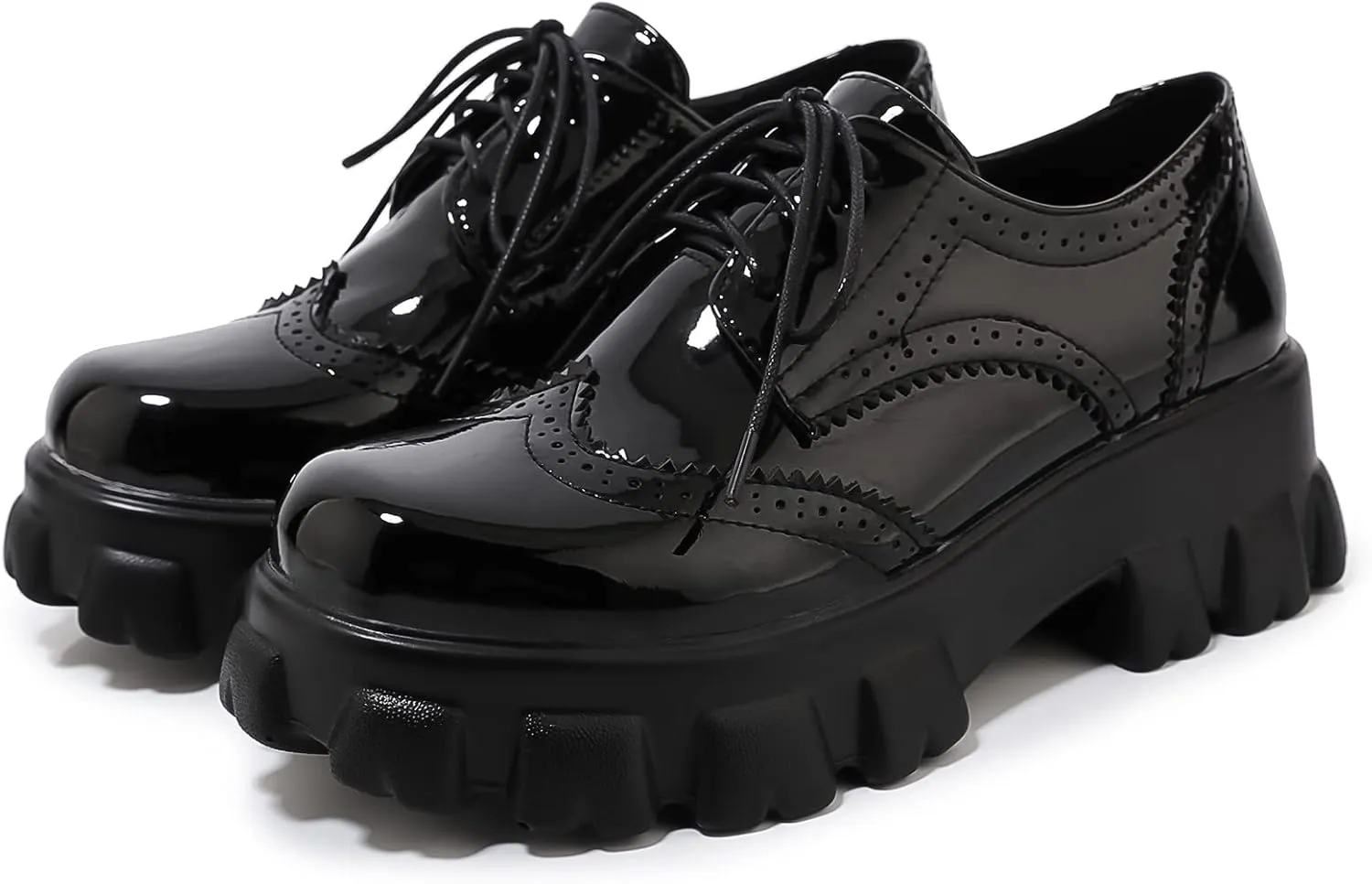 Oxford Shoes Women Platform Wingtip Brogue Loafers Patent Leather Lace Up Pumps