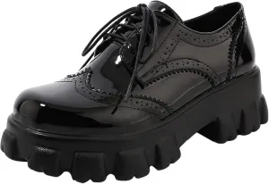 Oxford Shoes Women Platform Wingtip Brogue Loafers Patent Leather Lace Up Pumps
