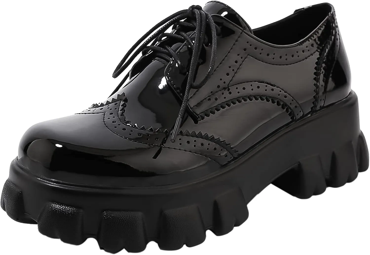 Oxford Shoes Women Platform Wingtip Brogue Loafers Patent Leather Lace Up Pumps