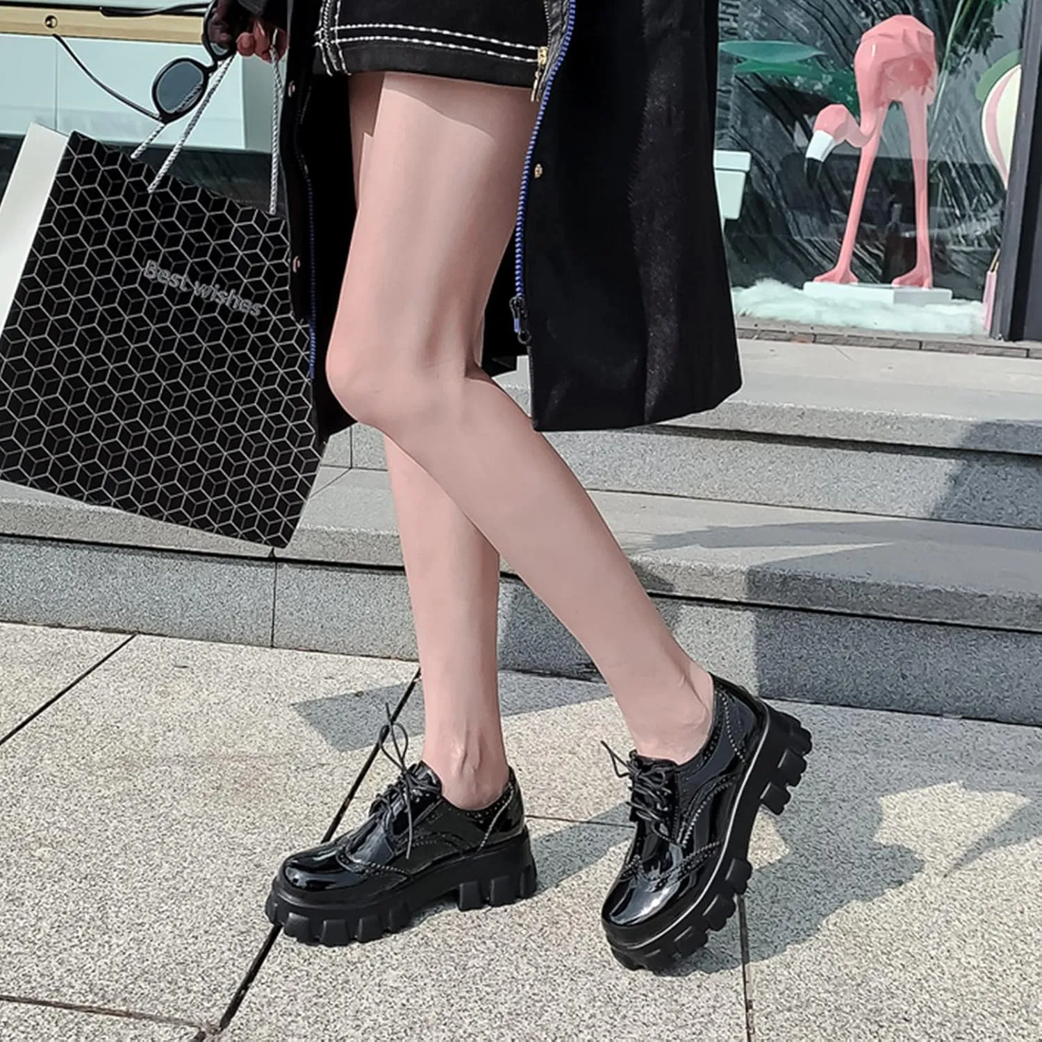 Oxford Shoes Women Platform Wingtip Brogue Loafers Patent Leather Lace Up Pumps