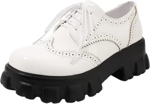 Oxford Shoes Women Platform Wingtip Brogue Loafers Patent Leather Lace Up Pumps