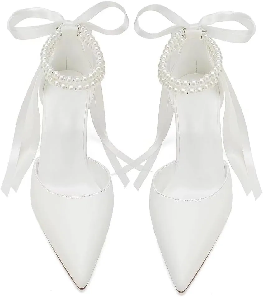 Pearl Wedding Shoes for Bride Block Heel Pointed Toe Bridal Shoes Wedding Heels Chunky