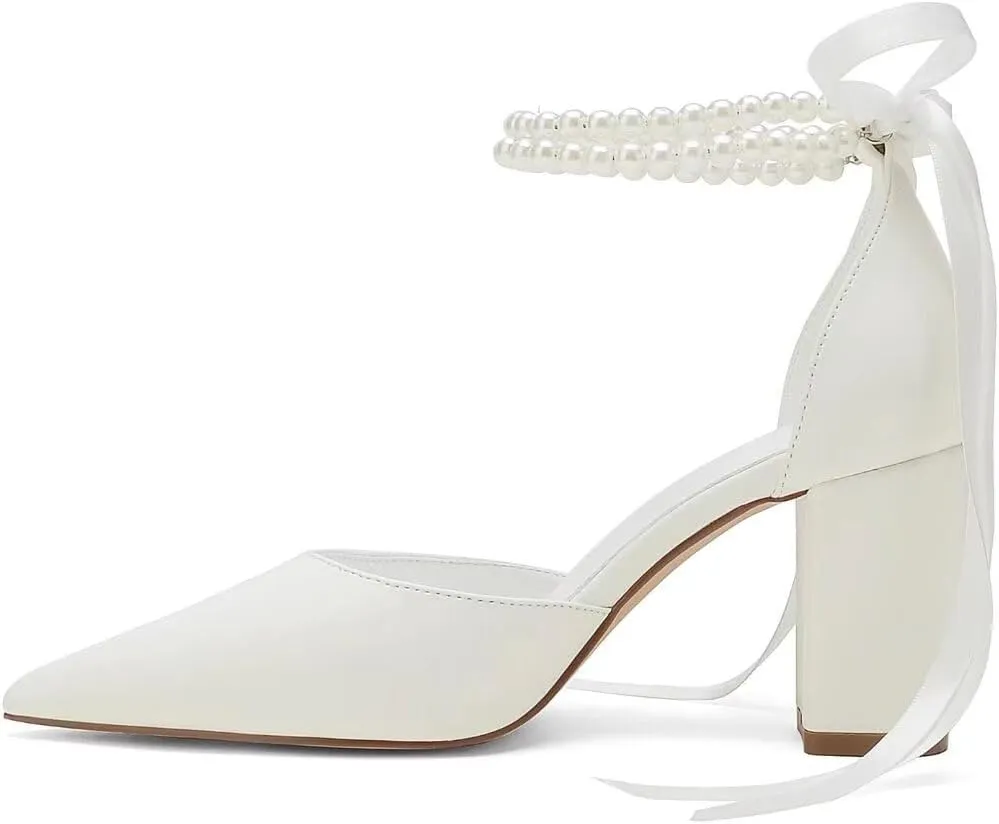 Pearl Wedding Shoes for Bride Block Heel Pointed Toe Bridal Shoes Wedding Heels Chunky