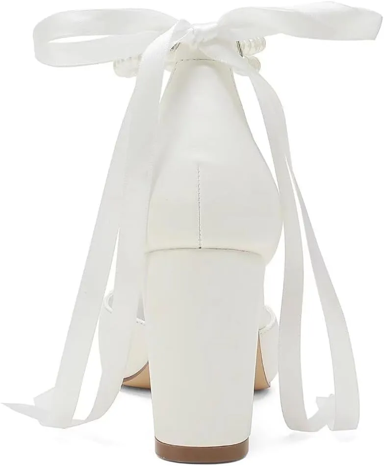 Pearl Wedding Shoes for Bride Block Heel Pointed Toe Bridal Shoes Wedding Heels Chunky