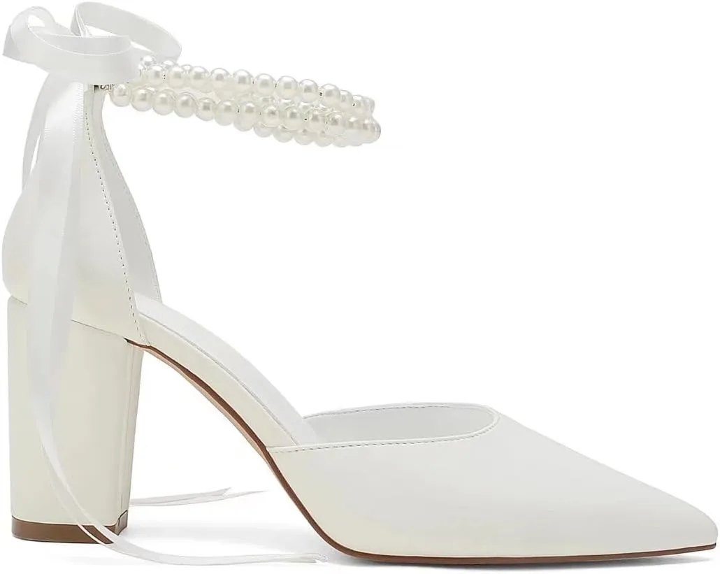 Pearl Wedding Shoes for Bride Block Heel Pointed Toe Bridal Shoes Wedding Heels Chunky