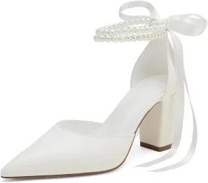 Pearl Wedding Shoes for Bride Block Heel Pointed Toe Bridal Shoes Wedding Heels Chunky