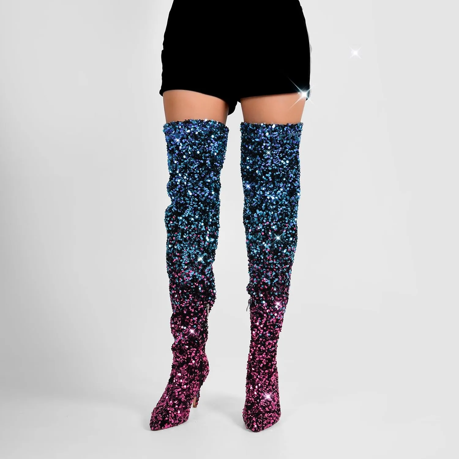 richealnini Sparkle Thigh High Boots Sexy Pointed Toe Stretchy Over the Knee High Boots Stiletto Heels