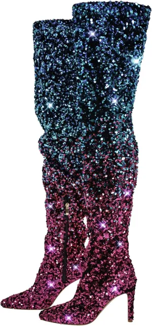 richealnini Sparkle Thigh High Boots Sexy Pointed Toe Stretchy Over the Knee High Boots Stiletto Heels