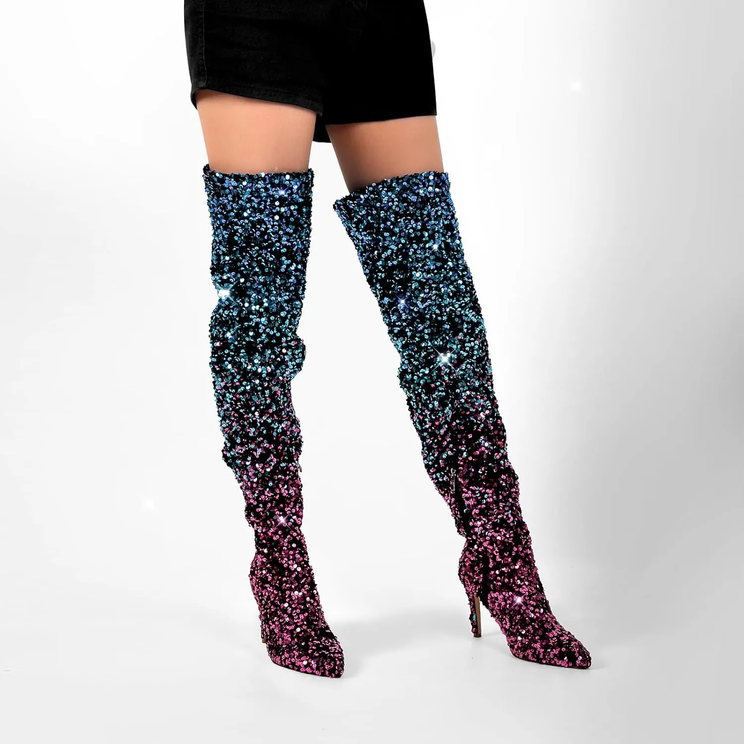 richealnini Sparkle Thigh High Boots Sexy Pointed Toe Stretchy Over the Knee High Boots Stiletto Heels
