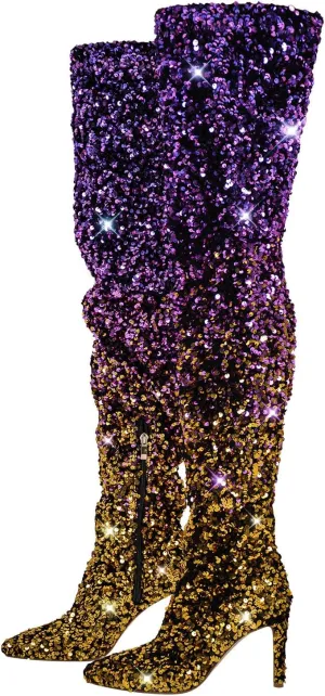 richealnini Sparkle Thigh High Boots Sexy Pointed Toe Stretchy Over the Knee High Boots Stiletto Heels