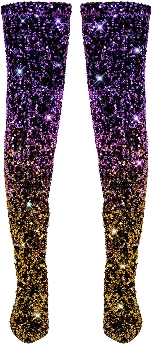 richealnini Sparkle Thigh High Boots Sexy Pointed Toe Stretchy Over the Knee High Boots Stiletto Heels