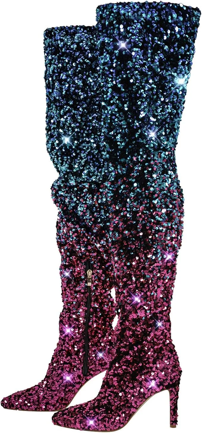 richealnini Sparkle Thigh High Boots Sexy Pointed Toe Stretchy Over the Knee High Boots Stiletto Heels