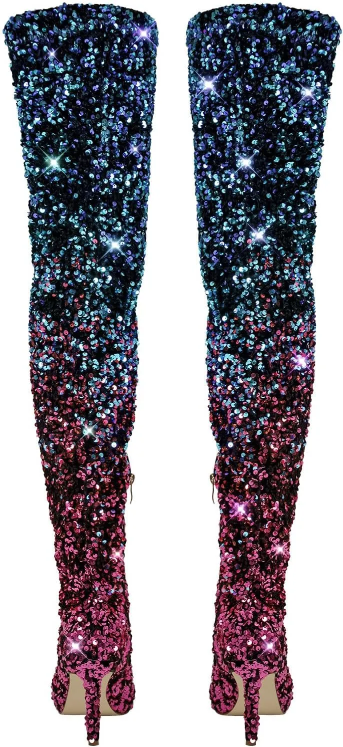 richealnini Sparkle Thigh High Boots Sexy Pointed Toe Stretchy Over the Knee High Boots Stiletto Heels