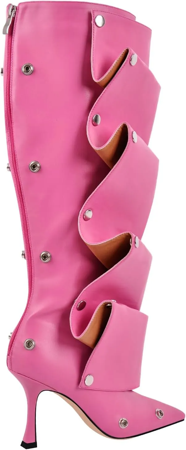 richealnini Women's Metallic Stiletto Heels Slouchy Knee High Boots with Zippers Detachable Boots Pointed Toe