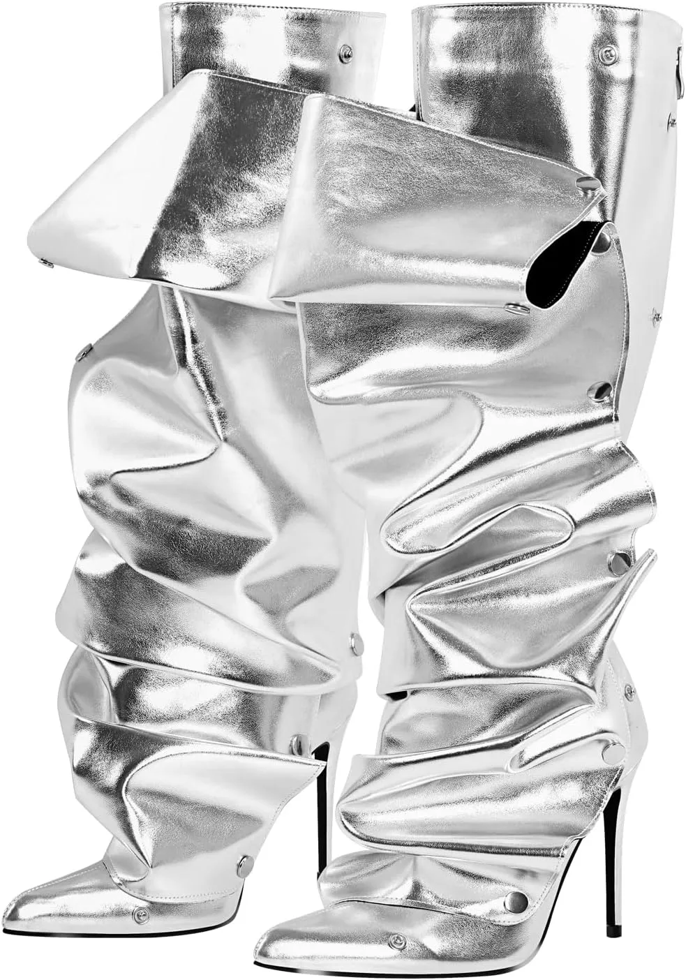 richealnini Women's Metallic Stiletto Heels Slouchy Knee High Boots with Zippers Detachable Boots Pointed Toe