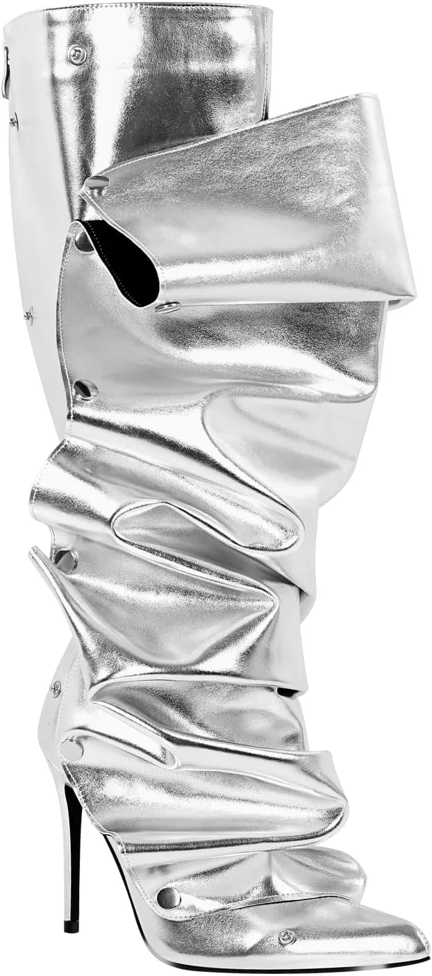 richealnini Women's Metallic Stiletto Heels Slouchy Knee High Boots with Zippers Detachable Boots Pointed Toe