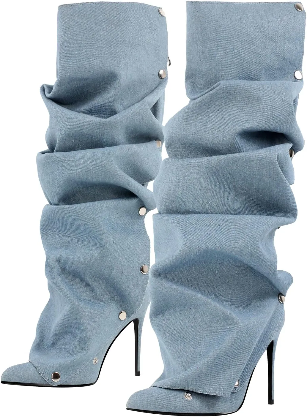richealnini Women's Metallic Stiletto Heels Slouchy Knee High Boots with Zippers Detachable Boots Pointed Toe
