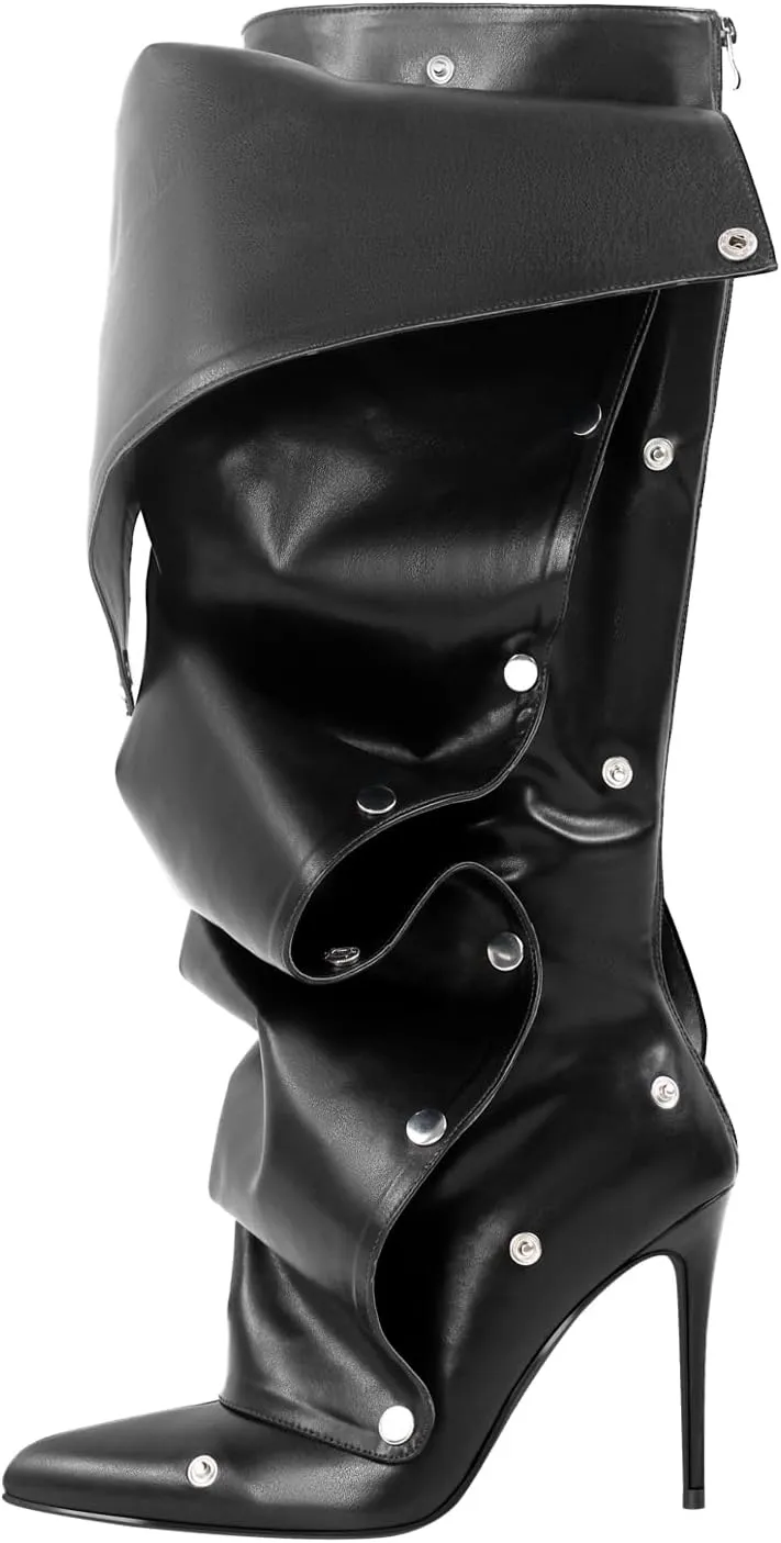 richealnini Women's Metallic Stiletto Heels Slouchy Knee High Boots with Zippers Detachable Boots Pointed Toe