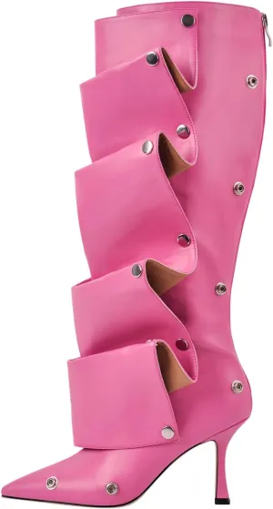 richealnini Women's Metallic Stiletto Heels Slouchy Knee High Boots with Zippers Detachable Boots Pointed Toe