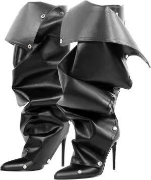 richealnini Women's Metallic Stiletto Heels Slouchy Knee High Boots with Zippers Detachable Boots Pointed Toe