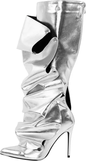 richealnini Women's Metallic Stiletto Heels Slouchy Knee High Boots with Zippers Detachable Boots Pointed Toe