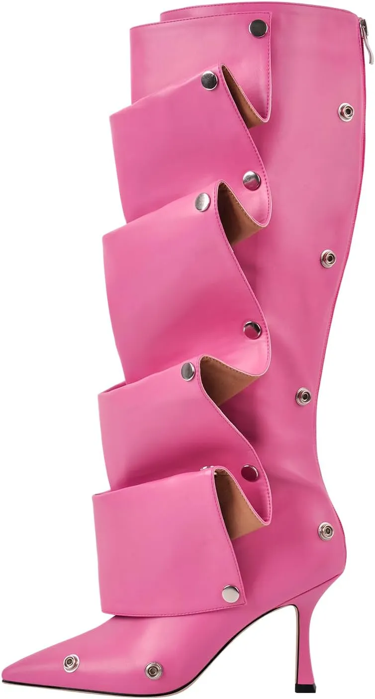 richealnini Women's Metallic Stiletto Heels Slouchy Knee High Boots with Zippers Detachable Boots Pointed Toe