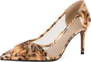 SAMMITOP High Heels Pumps for Women Closed Pointed Toe Slip On Stilettos Buckle Patent Mesh Dress Pump Shoes for Party Office 3.5 Inch