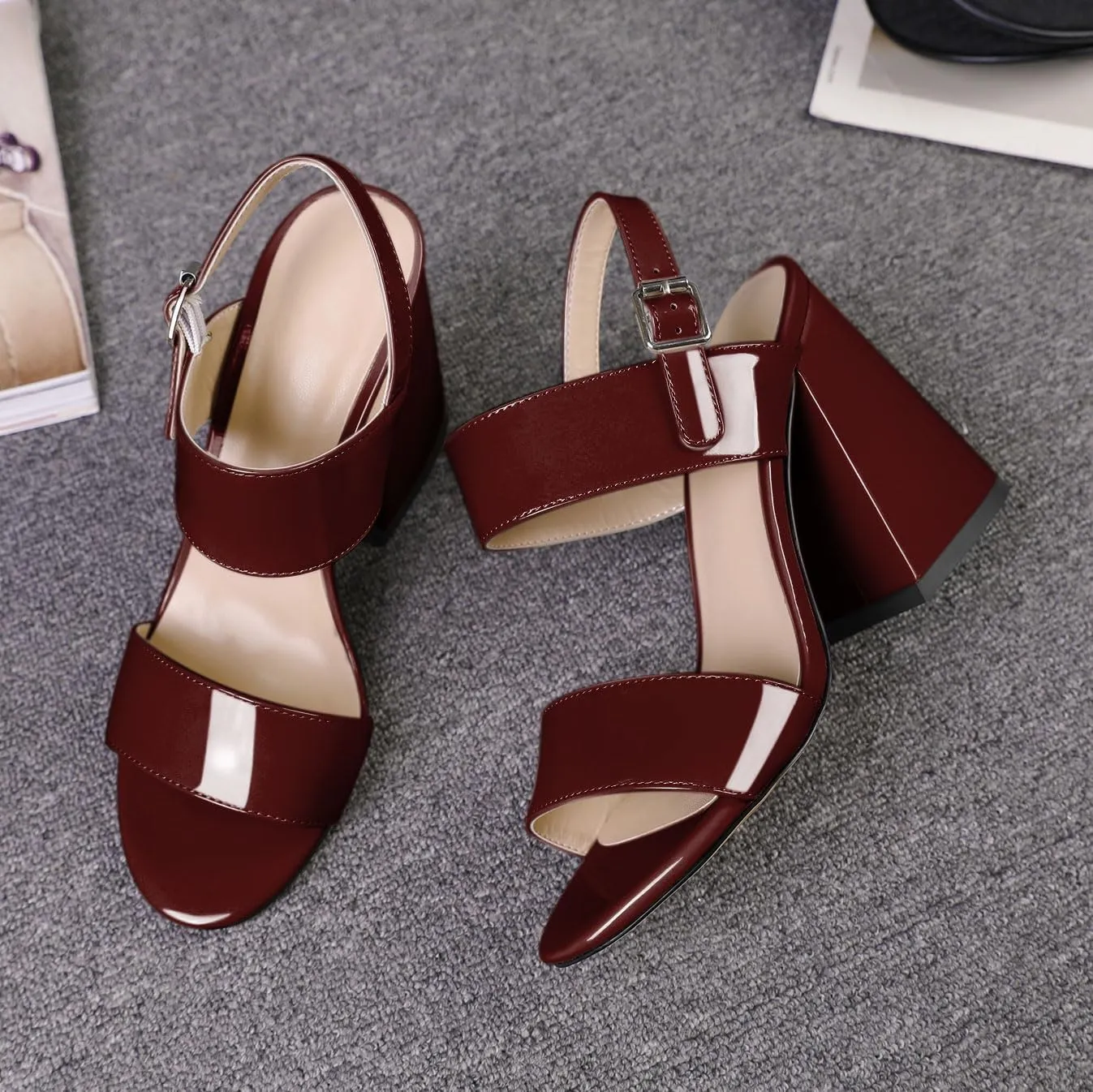 SAMMITOP Women Open Round Toe Chunky Heel Ankle Strap Heels Sandals Block High Heel Dress Pumps Sandals Shoes for Wedding Party Work 4 Inch