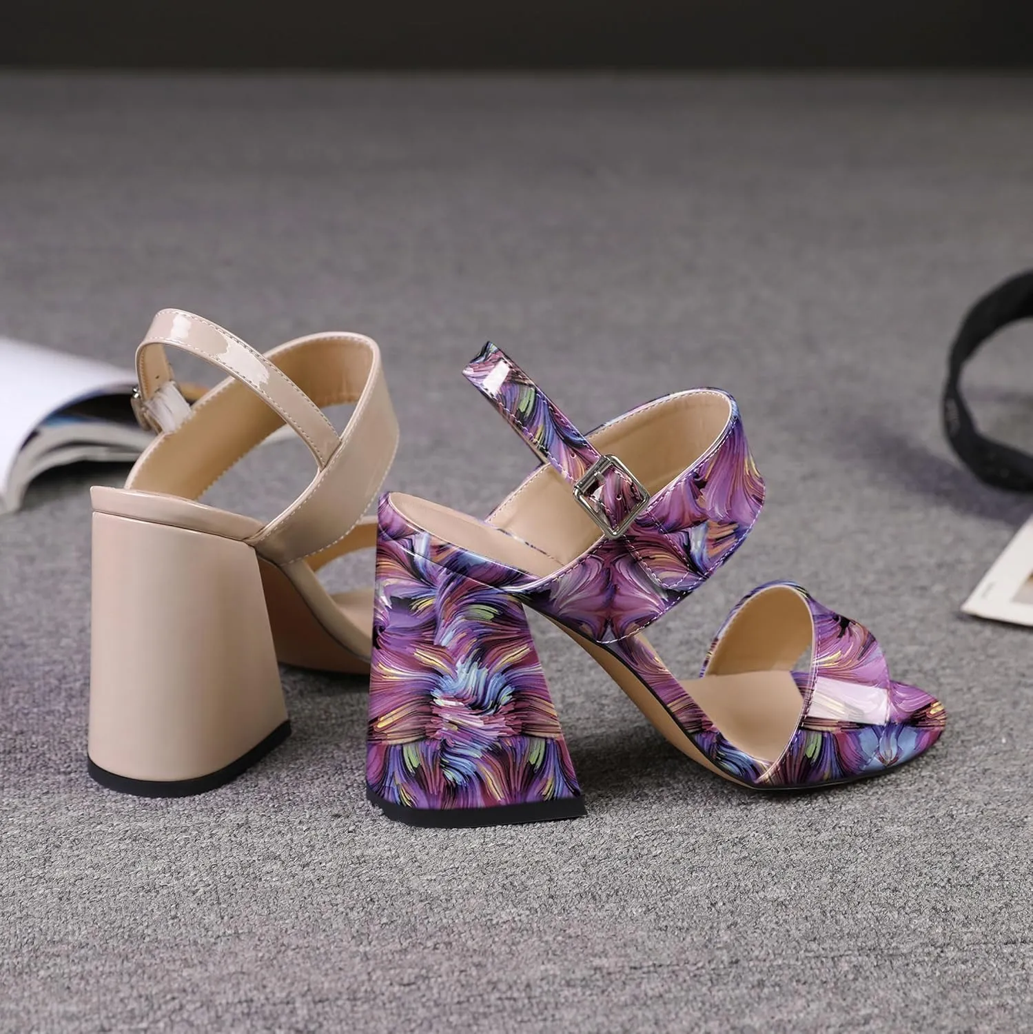 SAMMITOP Women Open Round Toe Chunky Heel Ankle Strap Heels Sandals Block High Heel Dress Pumps Sandals Shoes for Wedding Party Work 4 Inch
