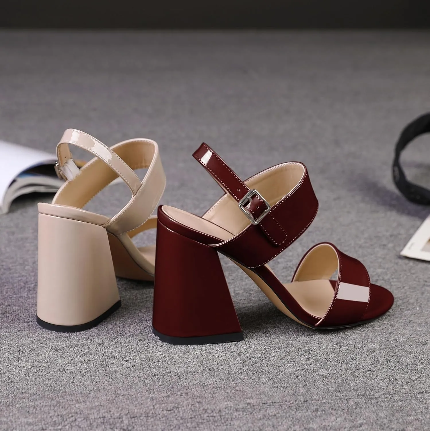 SAMMITOP Women Open Round Toe Chunky Heel Ankle Strap Heels Sandals Block High Heel Dress Pumps Sandals Shoes for Wedding Party Work 4 Inch