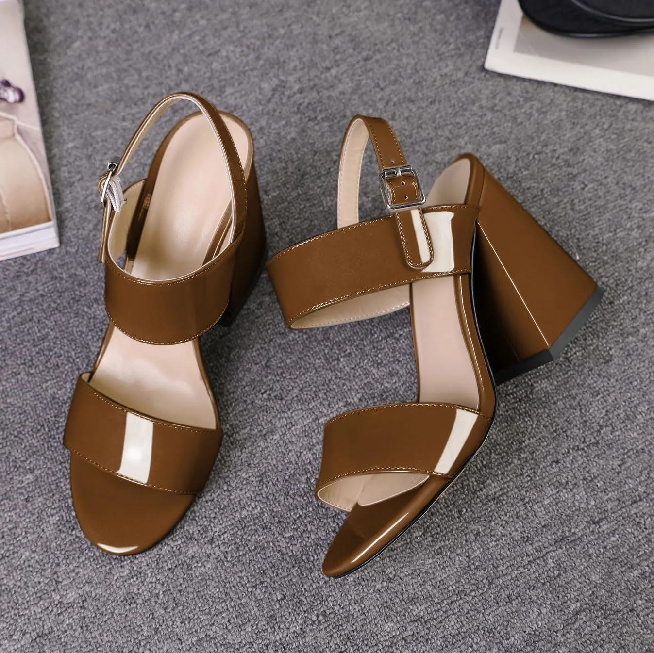 SAMMITOP Women Open Round Toe Chunky Heel Ankle Strap Heels Sandals Block High Heel Dress Pumps Sandals Shoes for Wedding Party Work 4 Inch