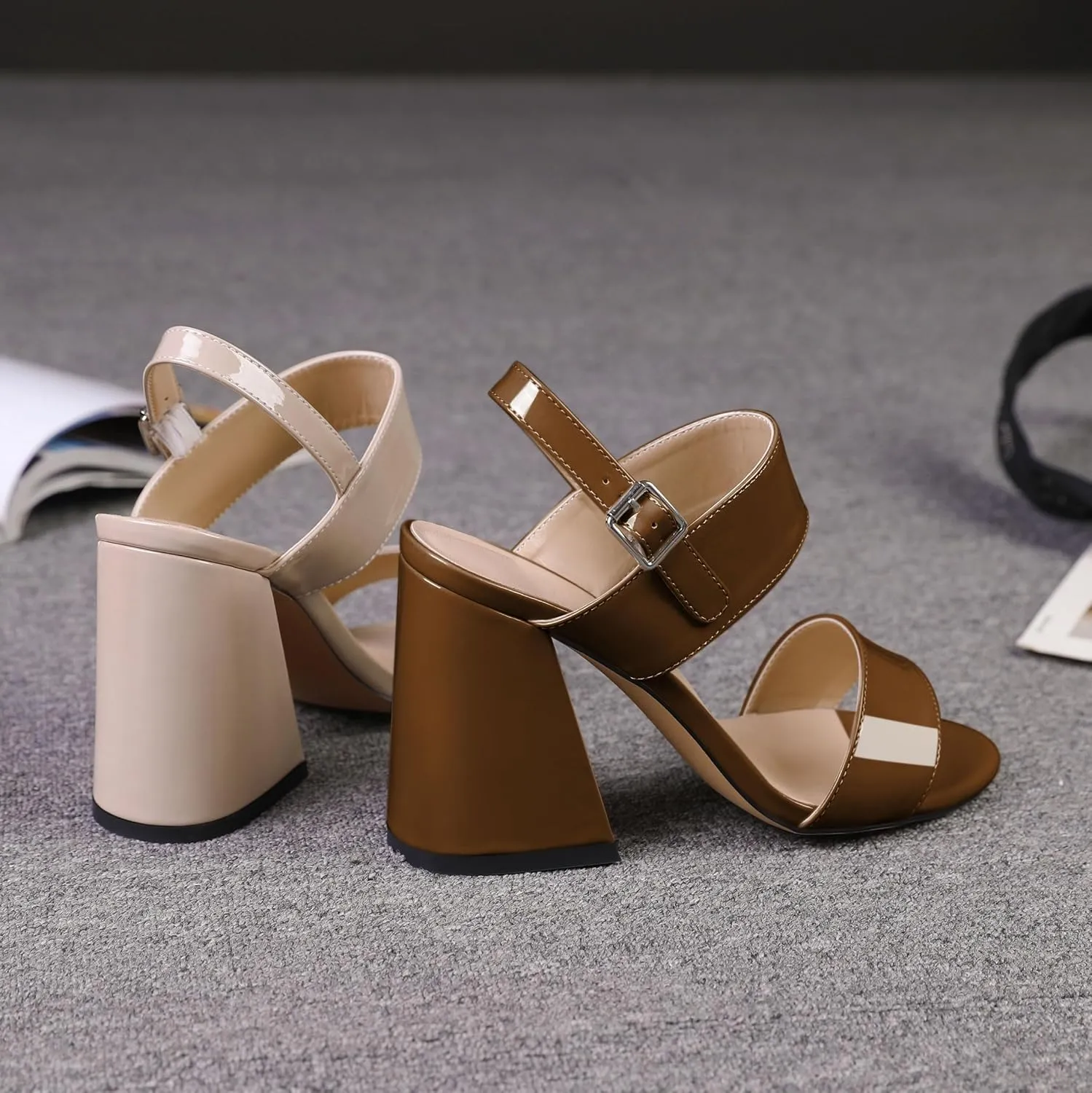SAMMITOP Women Open Round Toe Chunky Heel Ankle Strap Heels Sandals Block High Heel Dress Pumps Sandals Shoes for Wedding Party Work 4 Inch
