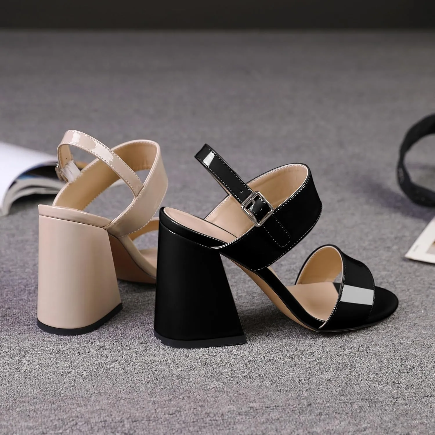 SAMMITOP Women Open Round Toe Chunky Heel Ankle Strap Heels Sandals Block High Heel Dress Pumps Sandals Shoes for Wedding Party Work 4 Inch