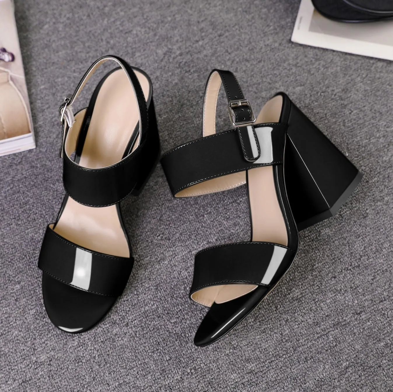 SAMMITOP Women Open Round Toe Chunky Heel Ankle Strap Heels Sandals Block High Heel Dress Pumps Sandals Shoes for Wedding Party Work 4 Inch