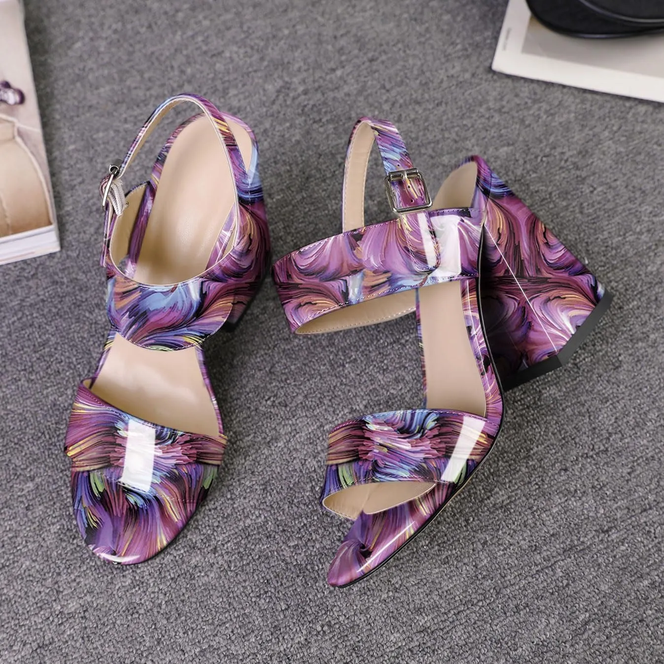 SAMMITOP Women Open Round Toe Chunky Heel Ankle Strap Heels Sandals Block High Heel Dress Pumps Sandals Shoes for Wedding Party Work 4 Inch