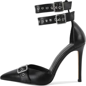 SAMMITOP Womens Pointed Toe D'Orsay Pumps Stilettos High Heel Ankle Strap Buckle Metal Eyelet Wedding Party Dress Shoes 4 Inch