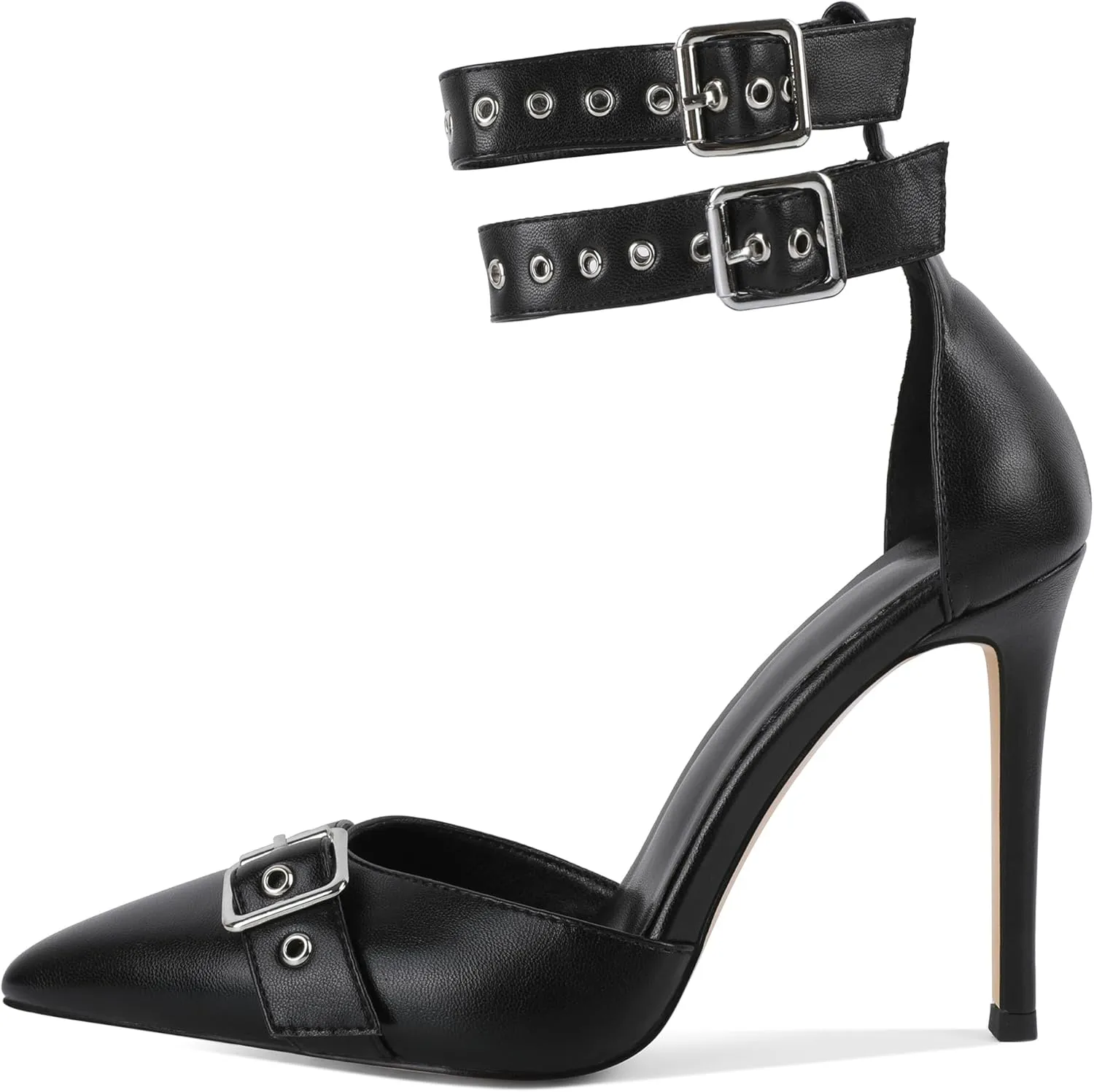SAMMITOP Womens Pointed Toe D'Orsay Pumps Stilettos High Heel Ankle Strap Buckle Metal Eyelet Wedding Party Dress Shoes 4 Inch