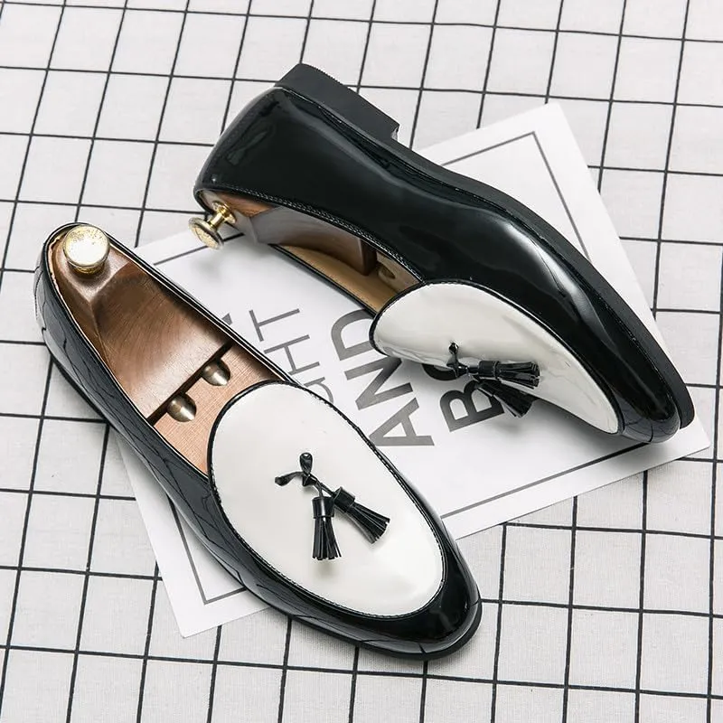 Santimon Men's Leather Loafers with Tassels, Two-Toned, Low Heel Slip On Shoes for Dance Party Wedding Prom