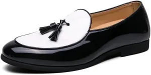 Santimon Men's Leather Loafers with Tassels, Two-Toned, Low Heel Slip On Shoes for Dance Party Wedding Prom