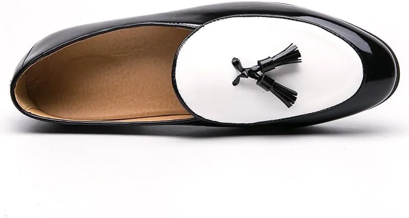 Santimon Men's Leather Loafers with Tassels, Two-Toned, Low Heel Slip On Shoes for Dance Party Wedding Prom