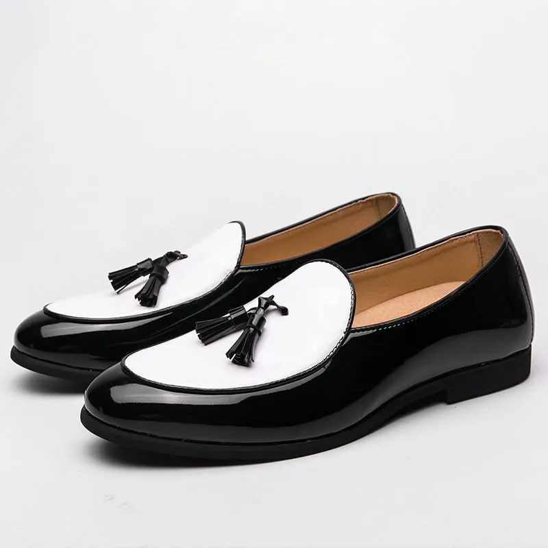 Santimon Men's Leather Loafers with Tassels, Two-Toned, Low Heel Slip On Shoes for Dance Party Wedding Prom