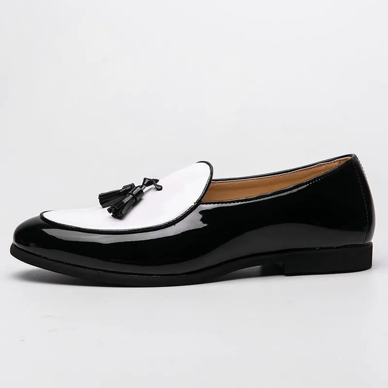 Santimon Men's Leather Loafers with Tassels, Two-Toned, Low Heel Slip On Shoes for Dance Party Wedding Prom
