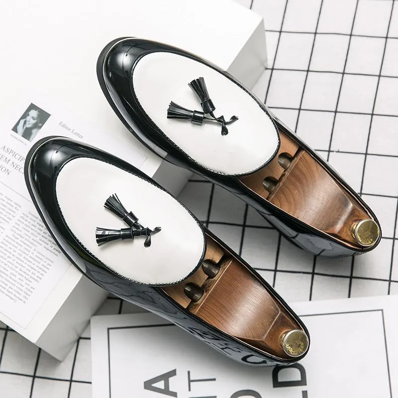 Santimon Men's Leather Loafers with Tassels, Two-Toned, Low Heel Slip On Shoes for Dance Party Wedding Prom