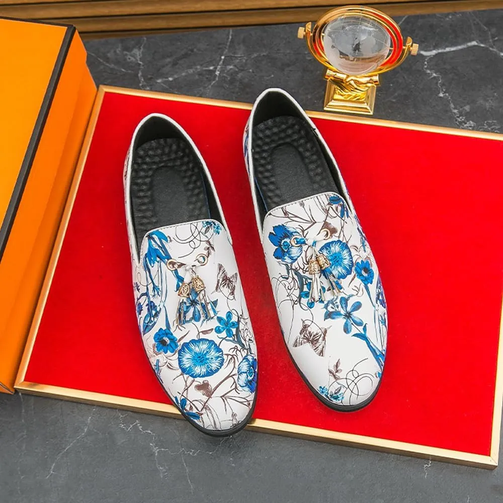 Santimon Men's Luxury Floral Slip-On Loafers with Tassel Fashion Dress Shoes for Weddings, Prom & Formal Events Tuxedo Suit Shoe