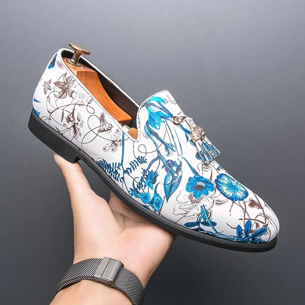 Santimon Men's Luxury Floral Slip-On Loafers with Tassel Fashion Dress Shoes for Weddings, Prom & Formal Events Tuxedo Suit Shoe
