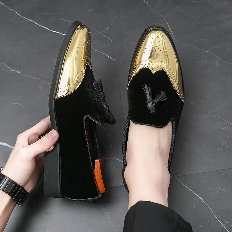 Santimon Mens Velvet Tassel Loafers Gold Wingtip Brogues Fashion Party Wedding Tuxedo Suit Shoes