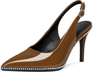 Slingback Heels Women Stilettos High Heel Rhinestones Beaded Pumps Closed Pointd Toe Shoes Slip On Event Party 3.5 Inch Dressy Sandals