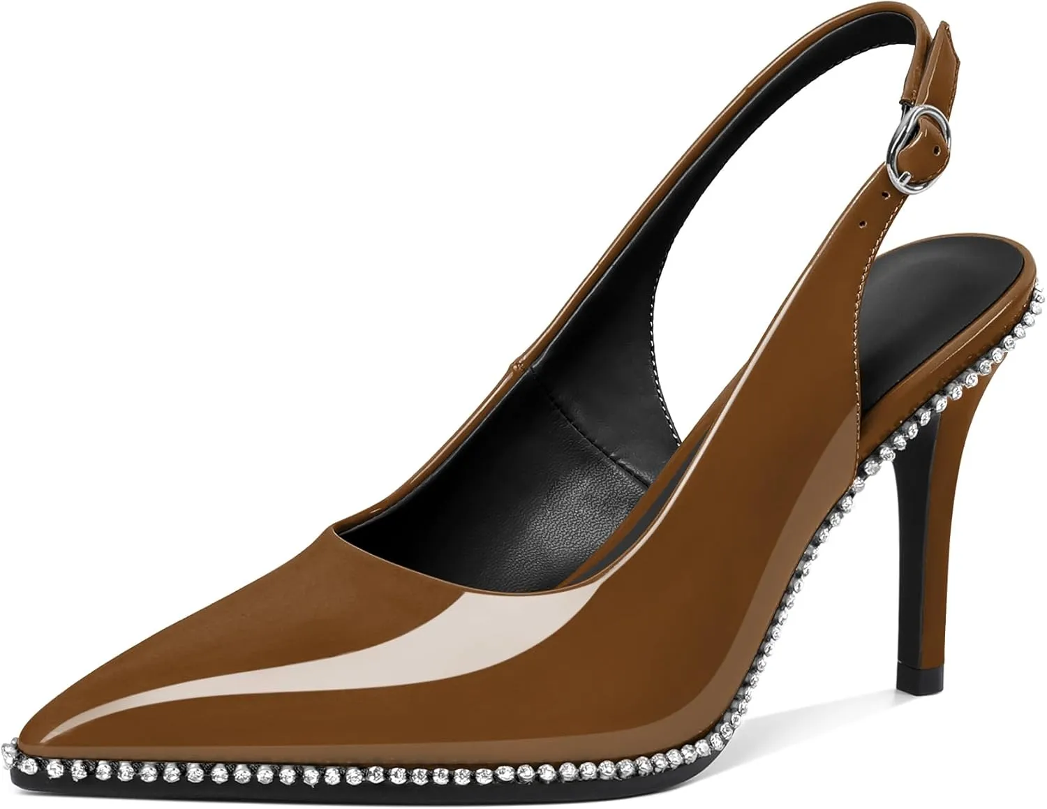 Slingback Heels Women Stilettos High Heel Rhinestones Beaded Pumps Closed Pointd Toe Shoes Slip On Event Party 3.5 Inch Dressy Sandals