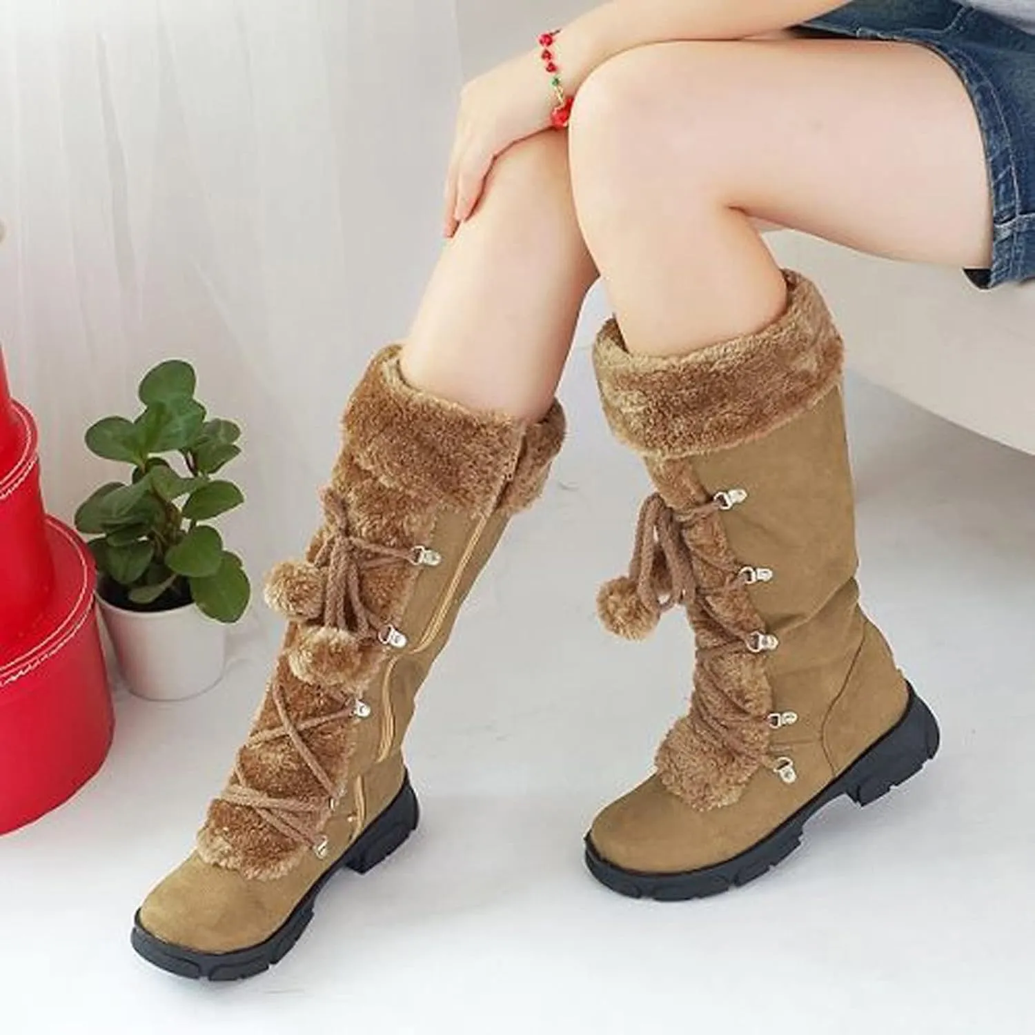 Snow Boots for Women Fur Boots for Women Knee High Retro Round Toe Suede Square Heel Warm Zipper Mid Calf Snow Boots